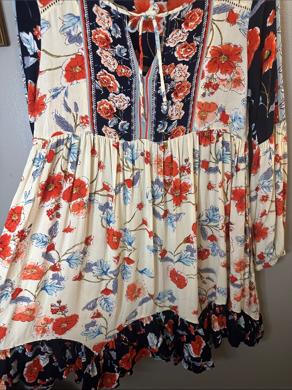 Patrons of Peace Floral Boho Mini Dress Small Rayon Peasant Ruffle Hem - Picture 8 of 9